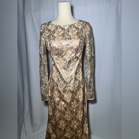 Eliza J Long Sleeve beaded overlay Champagne Dress | 4 - Picture 2 of 7